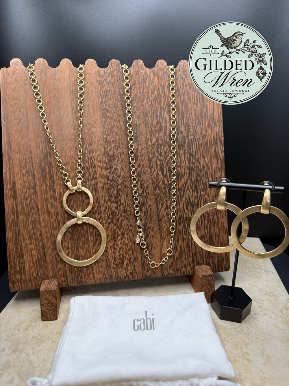 Cabi Flashback Necklace Earrings Set Gold Tone Retired Statement Jewelry